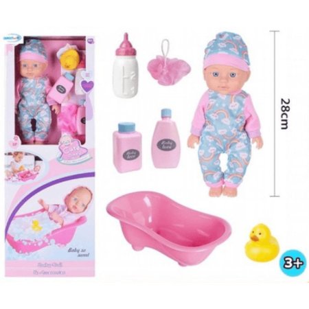 👶 دمية بيبي مع حوض استحمام وإكسسوارات – 28 سم